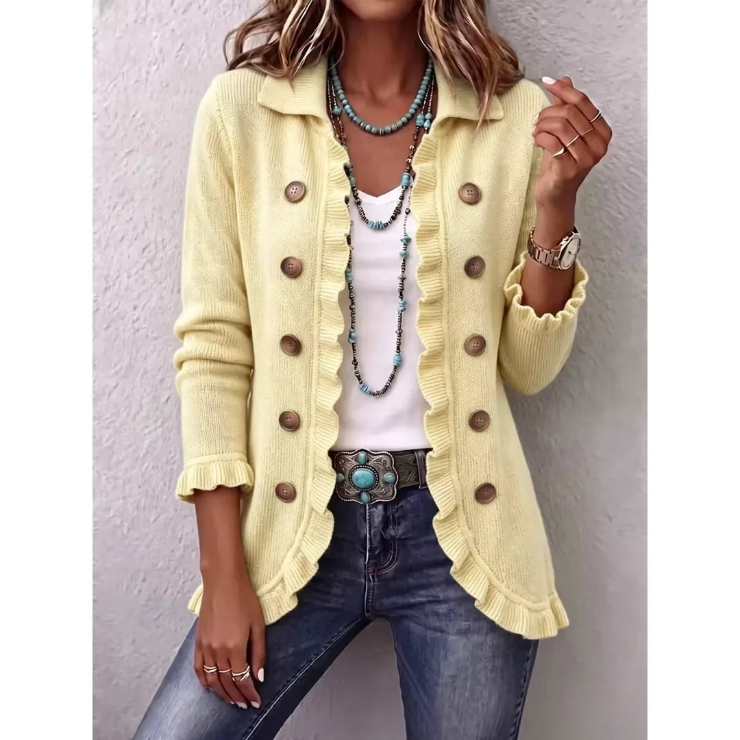 Women's ruffle trim ribbed knit button cardigan in yellow