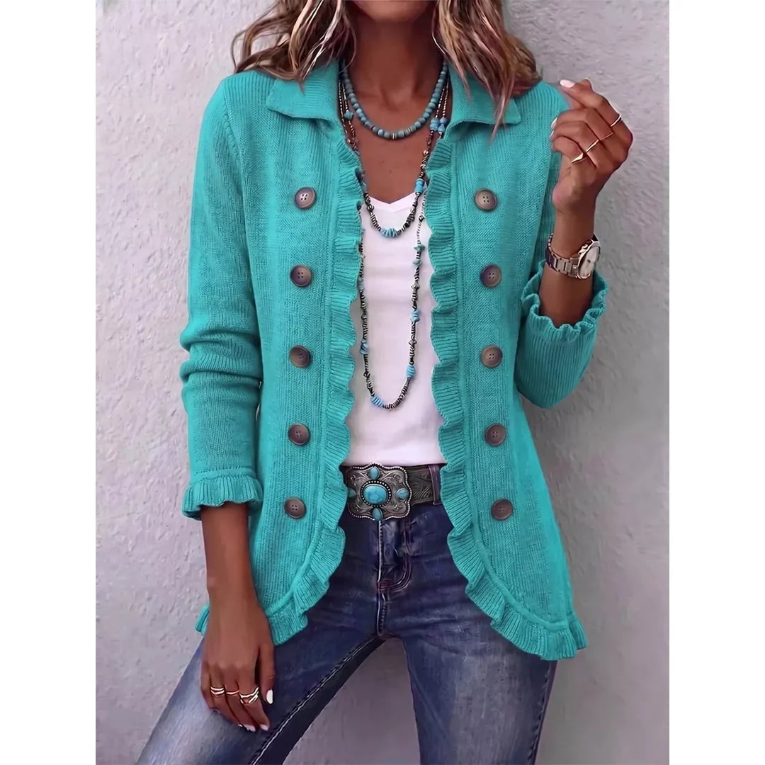 Women's ruffle trim ribbed knit button cardigan in green
