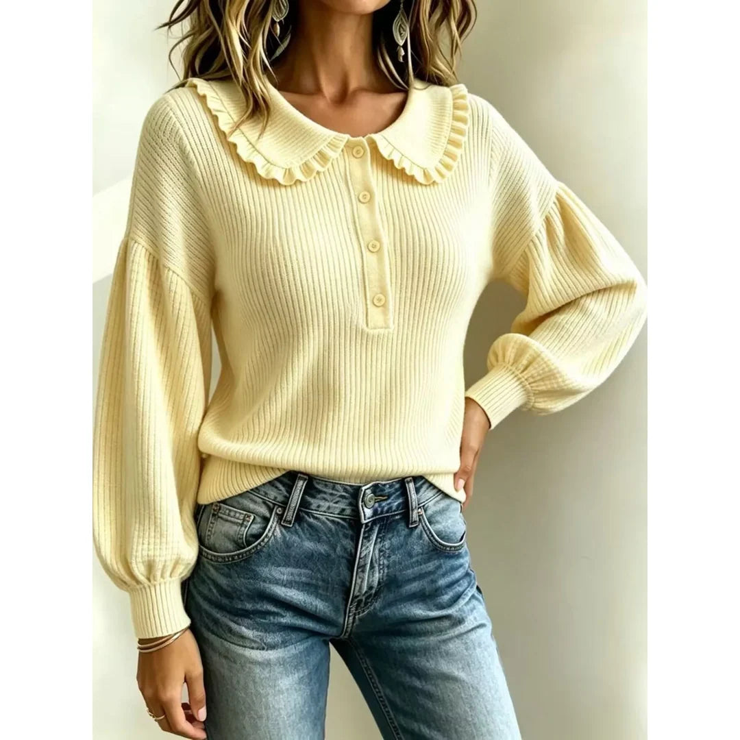 Women's ruffle collar ribbed knit jumper with button detail
