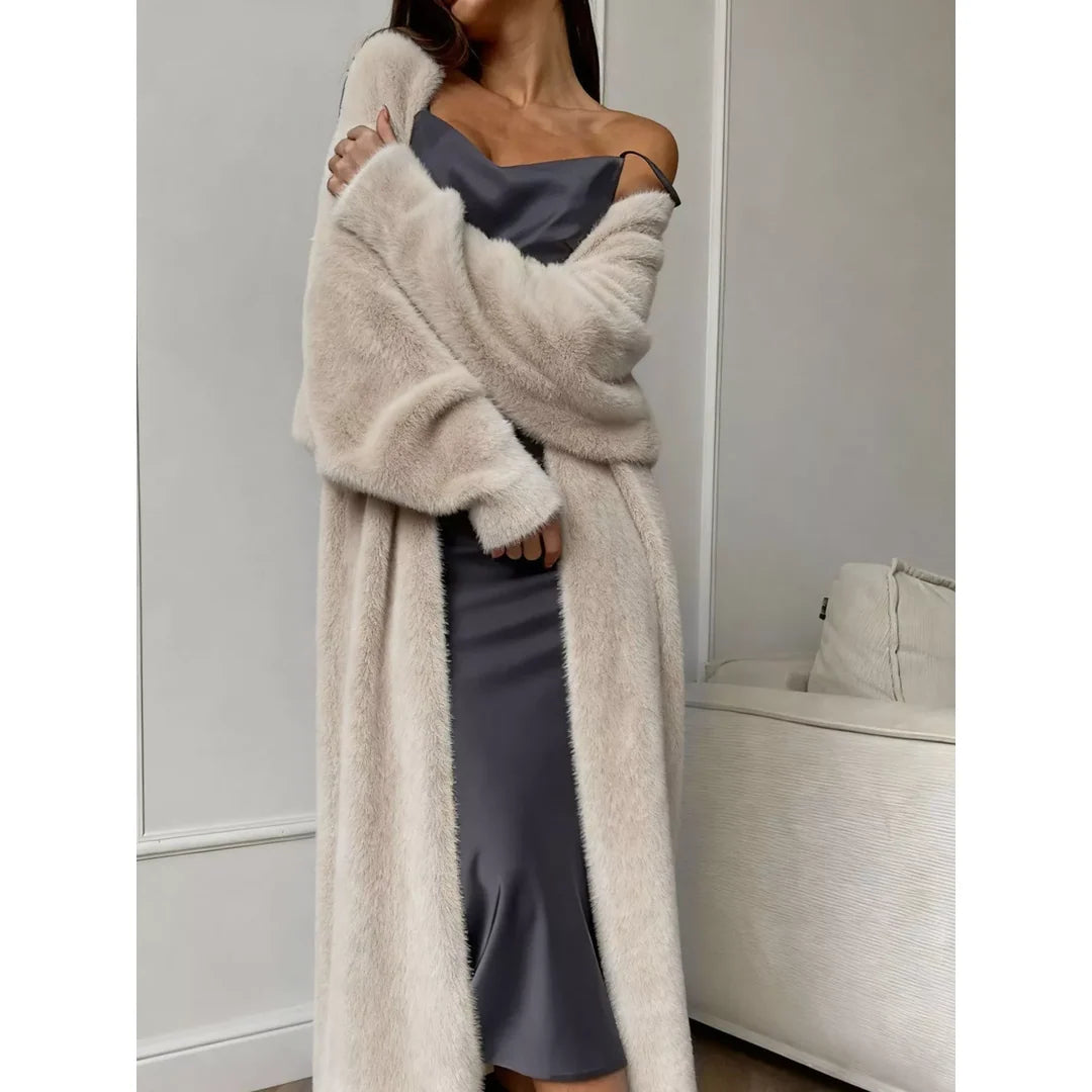 Women's fluffy longline open front cardigan in tan