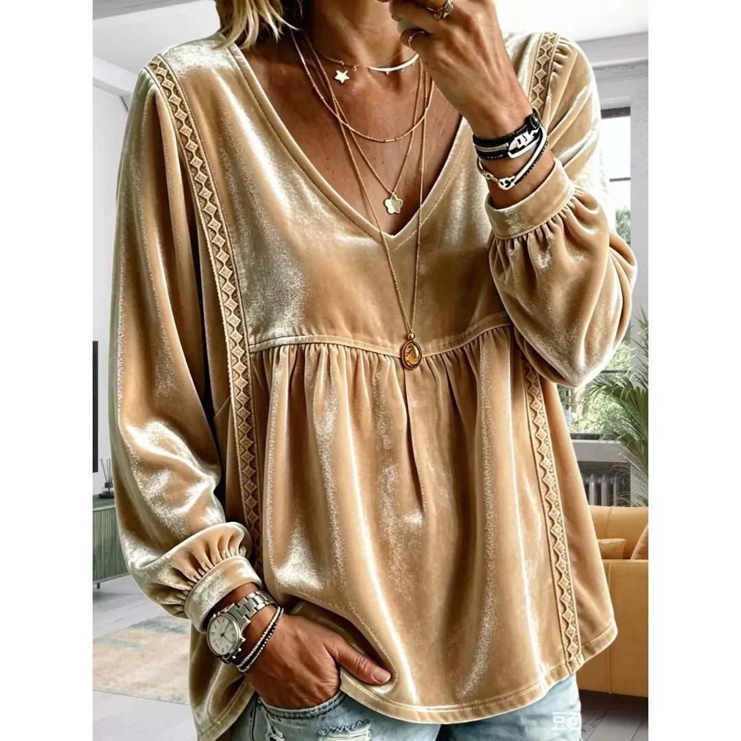 Women's velvet-touch lace detail V-neck blouse in gold