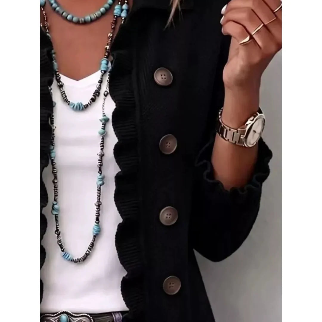 Women's ruffle trim ribbed knit button cardigan