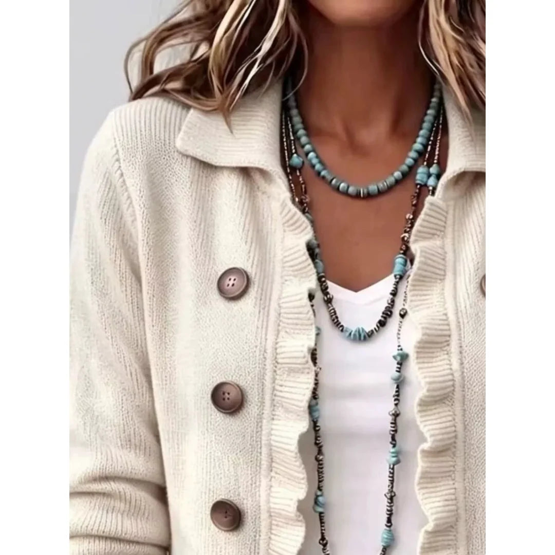 Women's ruffle trim ribbed knit button cardigan