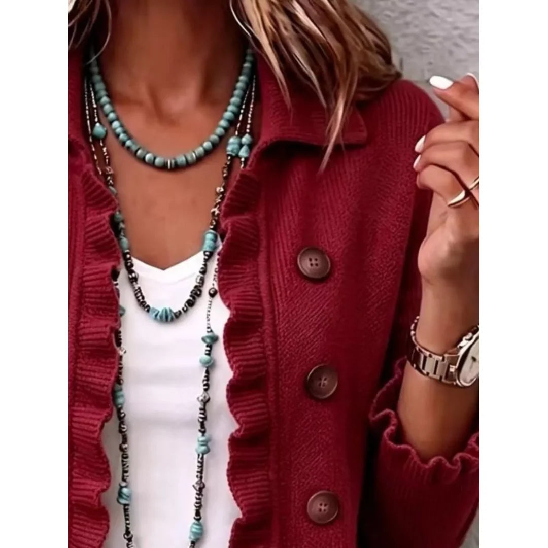 Women's ruffle trim ribbed knit button cardigan