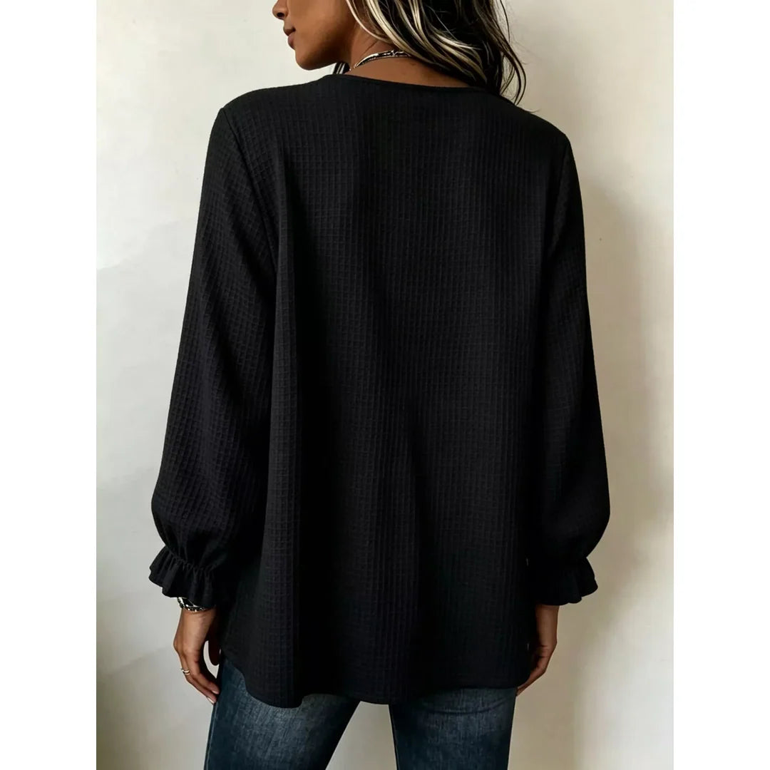 Women's waffle knit long sleeve top with ruffle detail