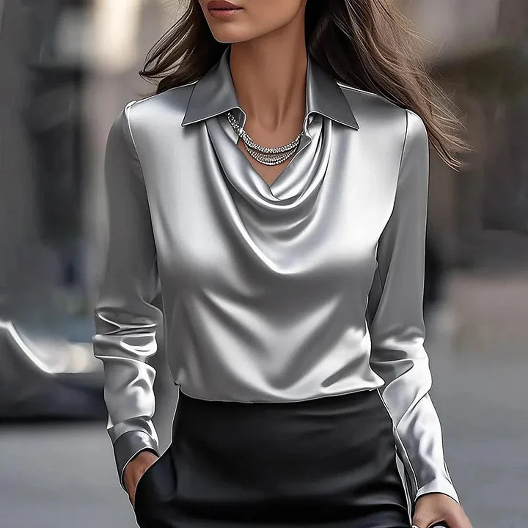 NOA | MERLINA WOMEN'S DRAPED NECK LONG SLEEVE SATIN BLOUSE