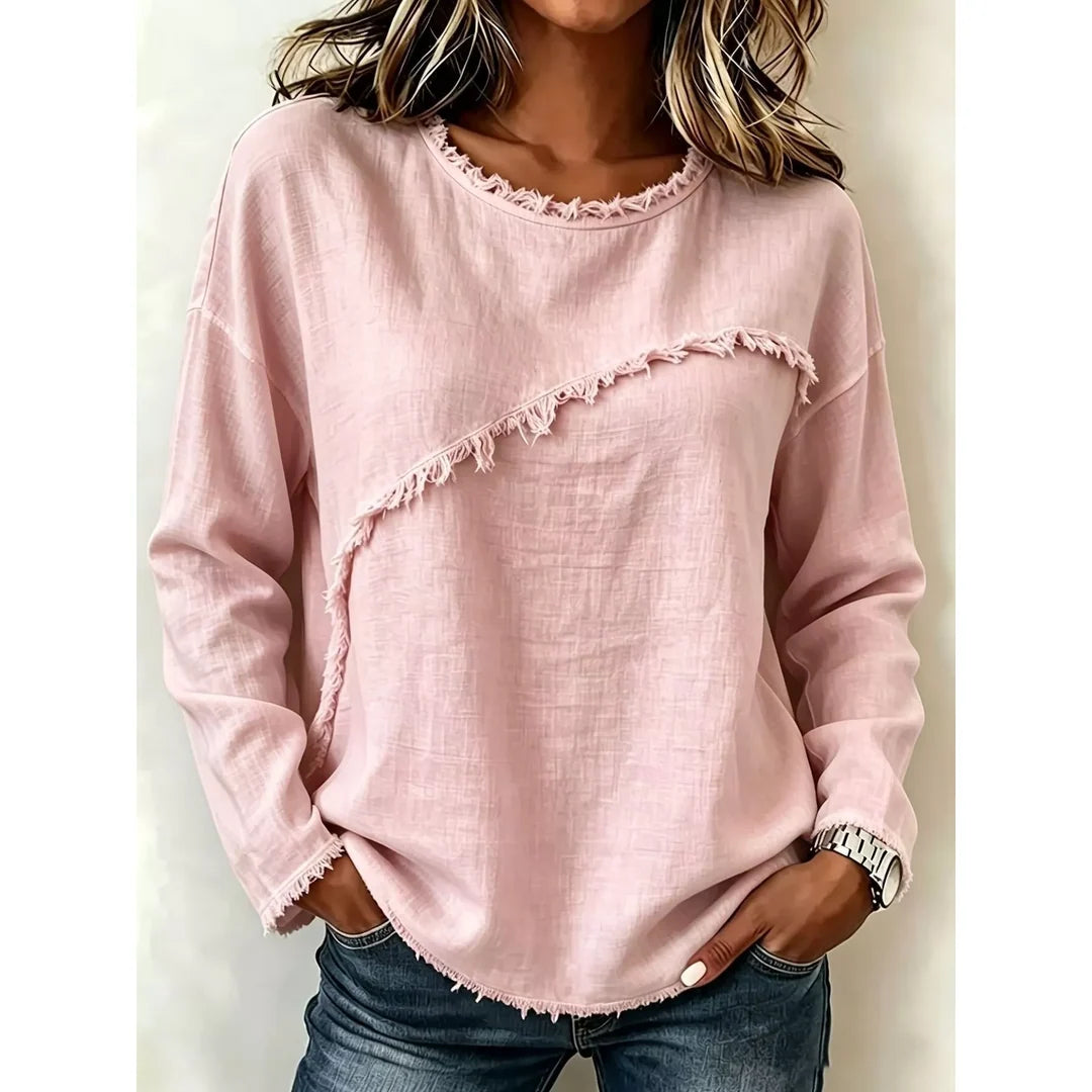 Women's raw hem dropped shoulder blouse in blush pink