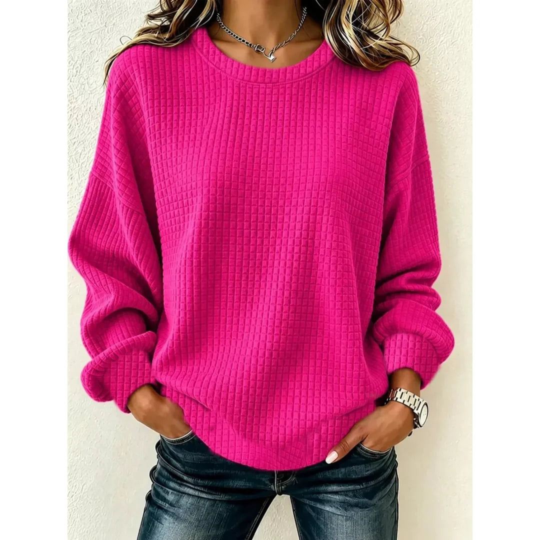 Women's waffle knit crew neck sweatshirt in rose red