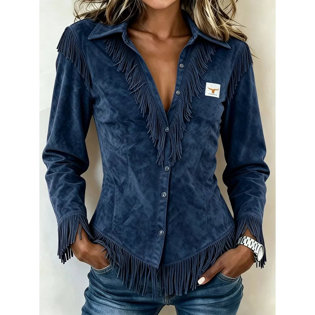 Women's fringe trim collared button-up shirt in navy blue