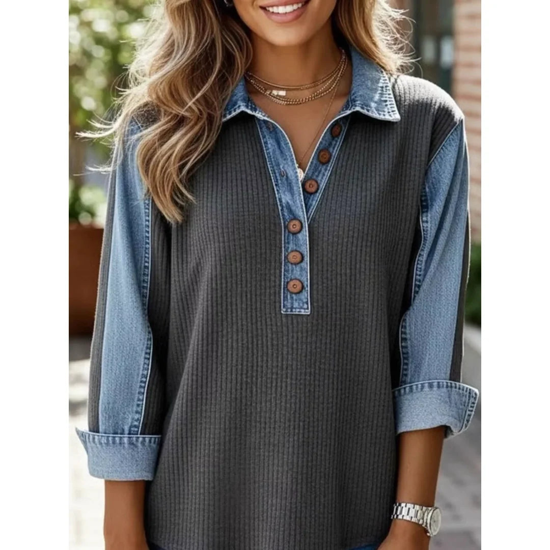 Women's button detail sweatshirt with denim-look trim