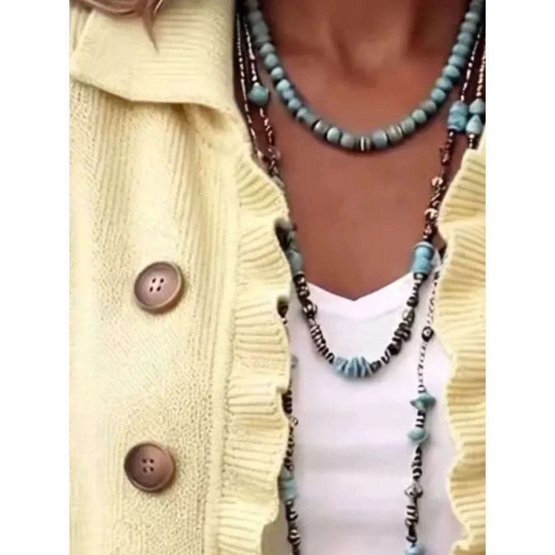 Women's ruffle trim ribbed knit button cardigan