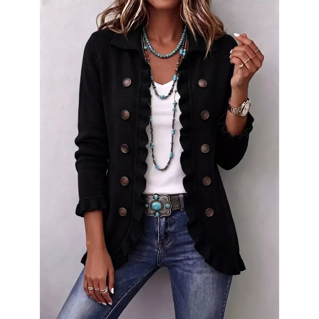 Women's ruffle trim ribbed knit button cardigan in black