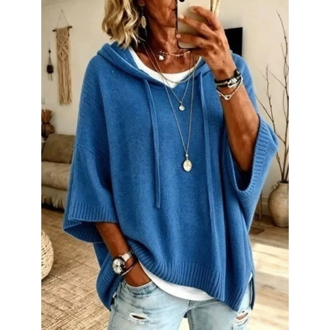 Women's hooded batwing sleeve knit jumper in blue