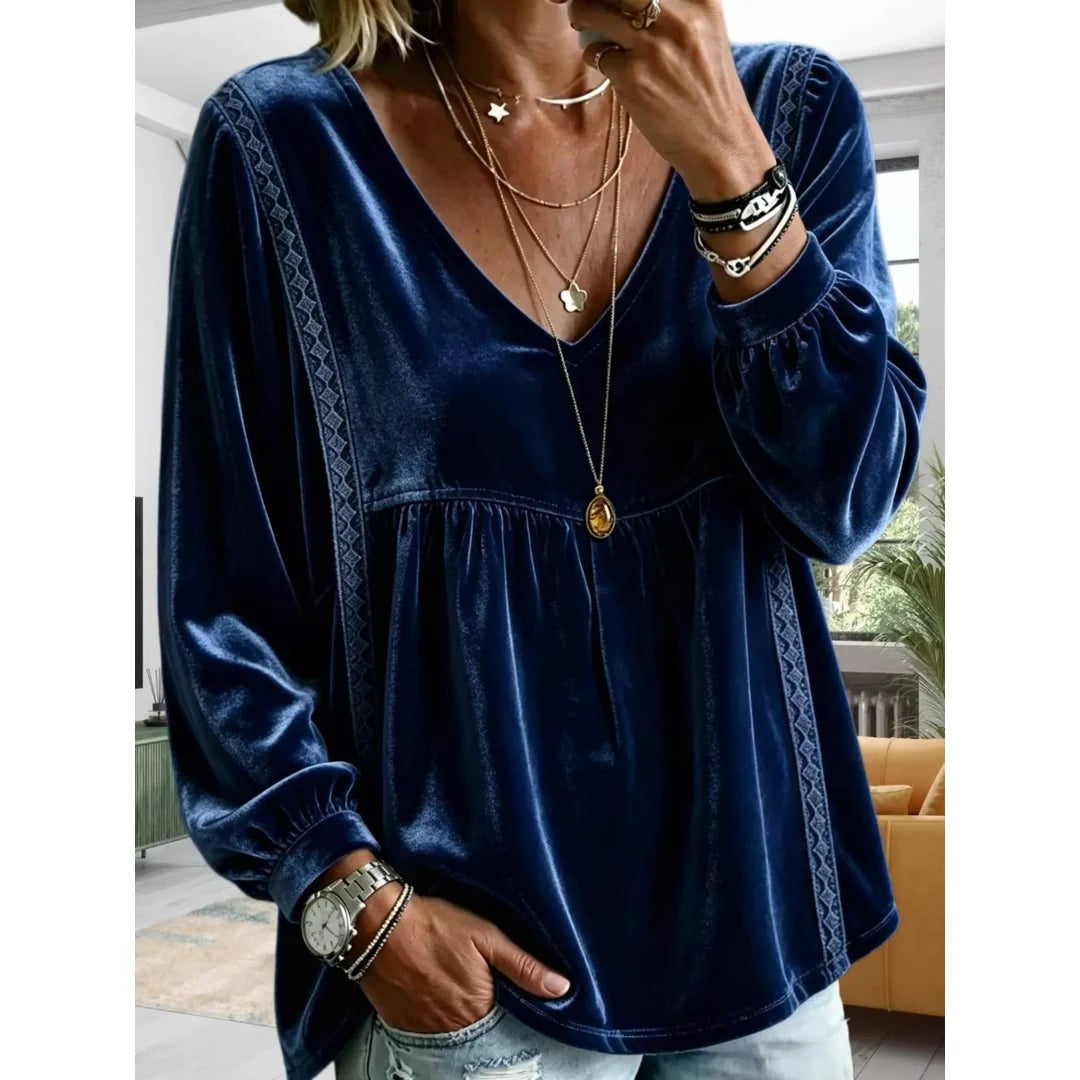 Women's velvet-touch lace detail V-neck blouse in navy