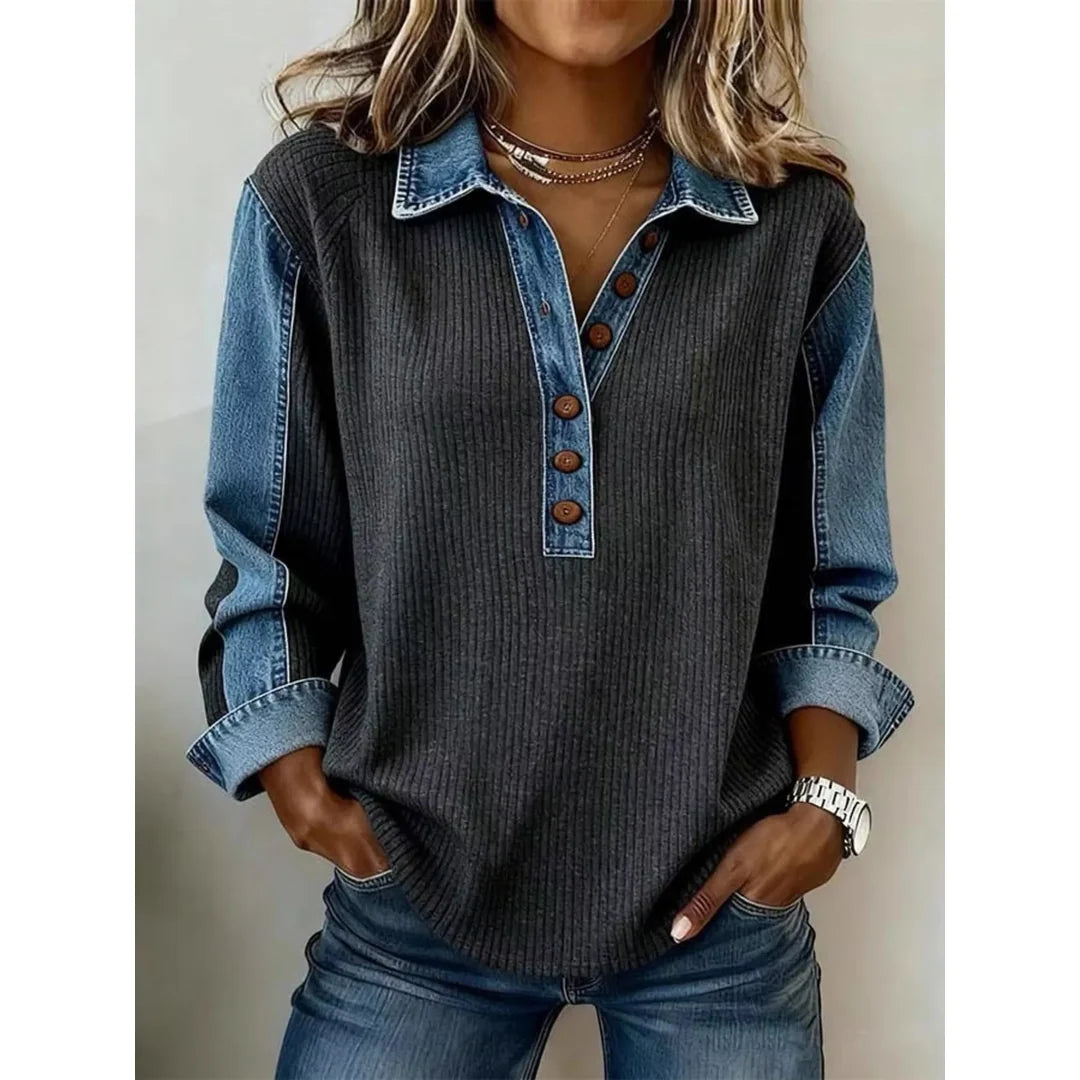 Women's button detail sweatshirt with denim-look trim in grey