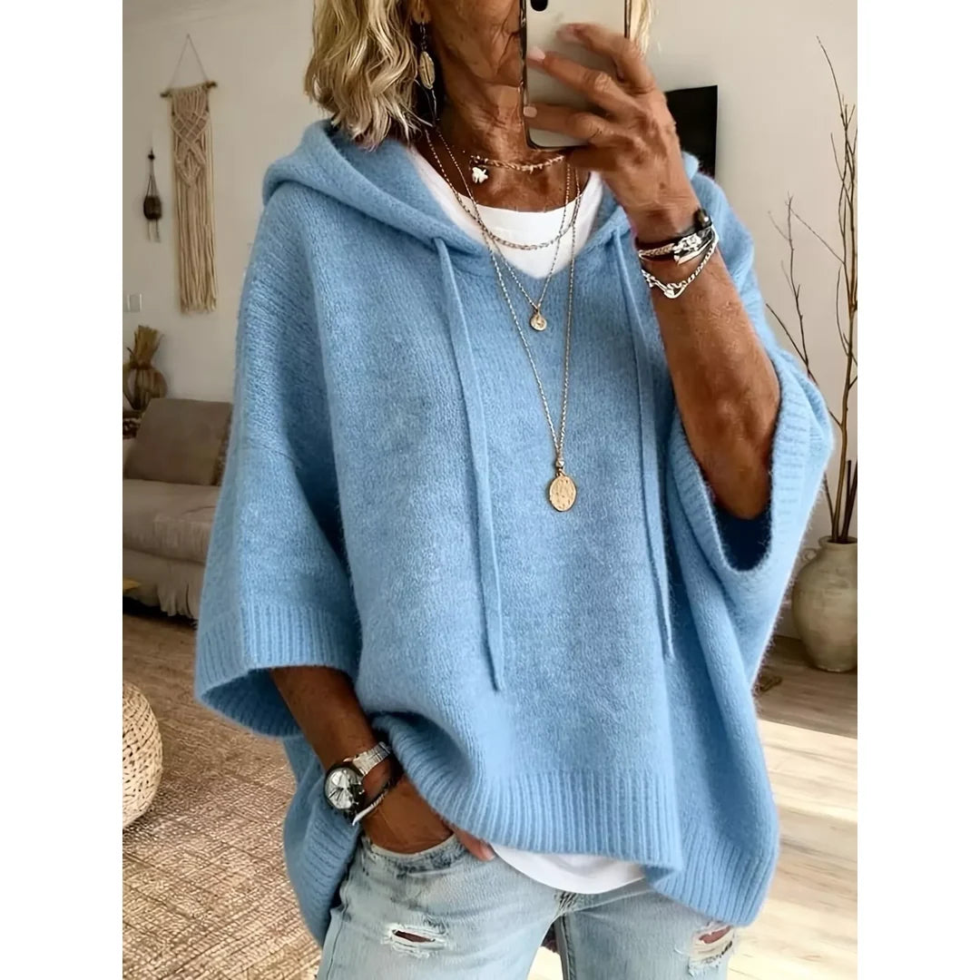 Women's hooded batwing sleeve knit jumper in sky blue