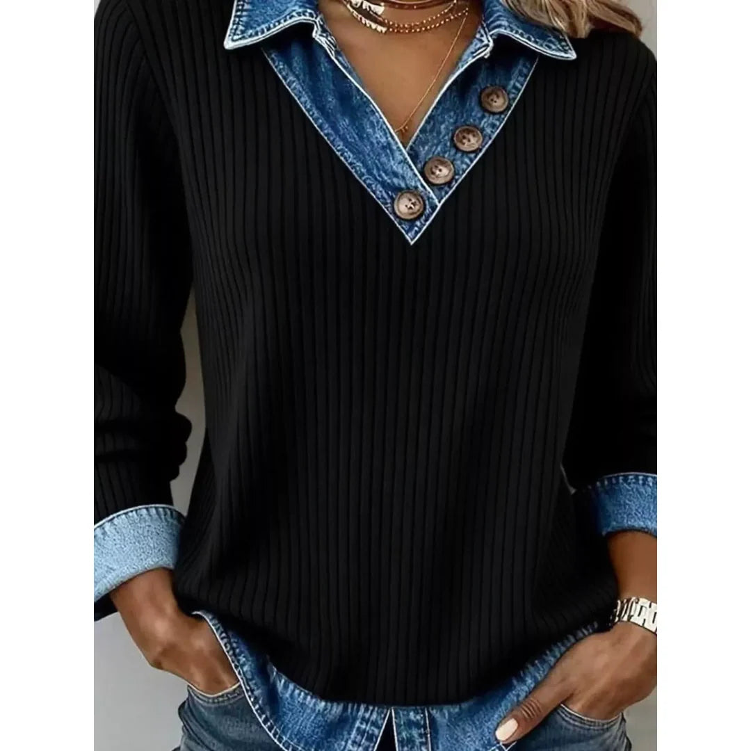 Women's ribbed knit top with denim-look collar in black