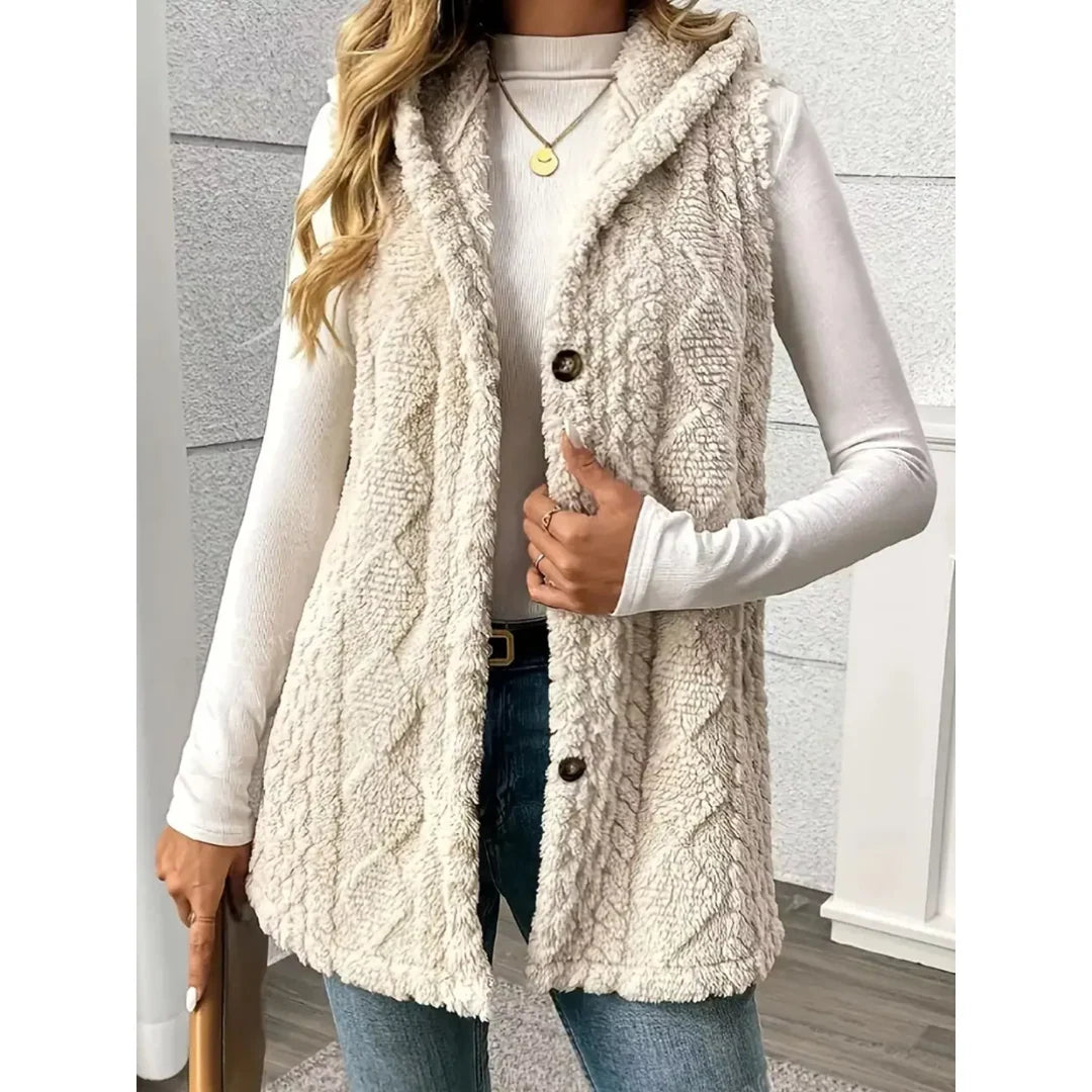 Women's hooded sherpa-look button-up gilet
