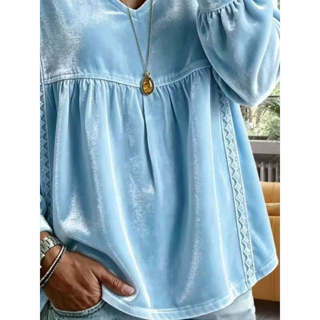Women's velvet-touch lace detail V-neck blouse