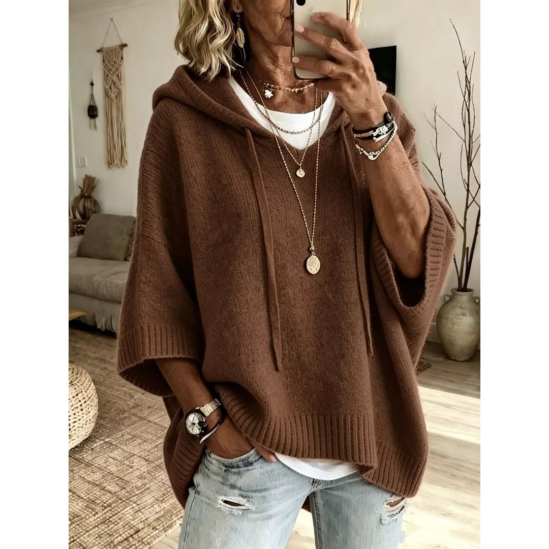 Women's hooded batwing sleeve knit jumper in brown