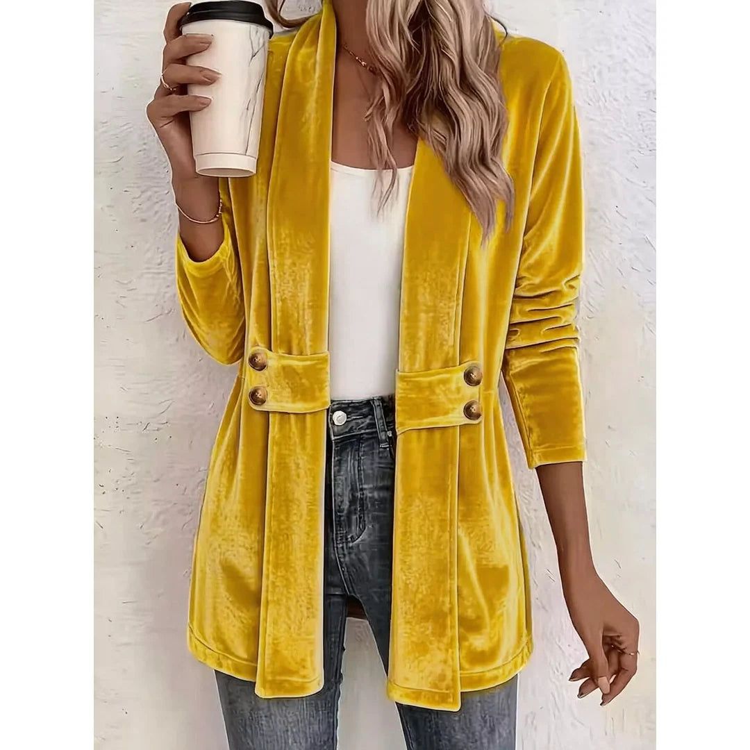 Women's velvet-touch open front cardigan in yellow