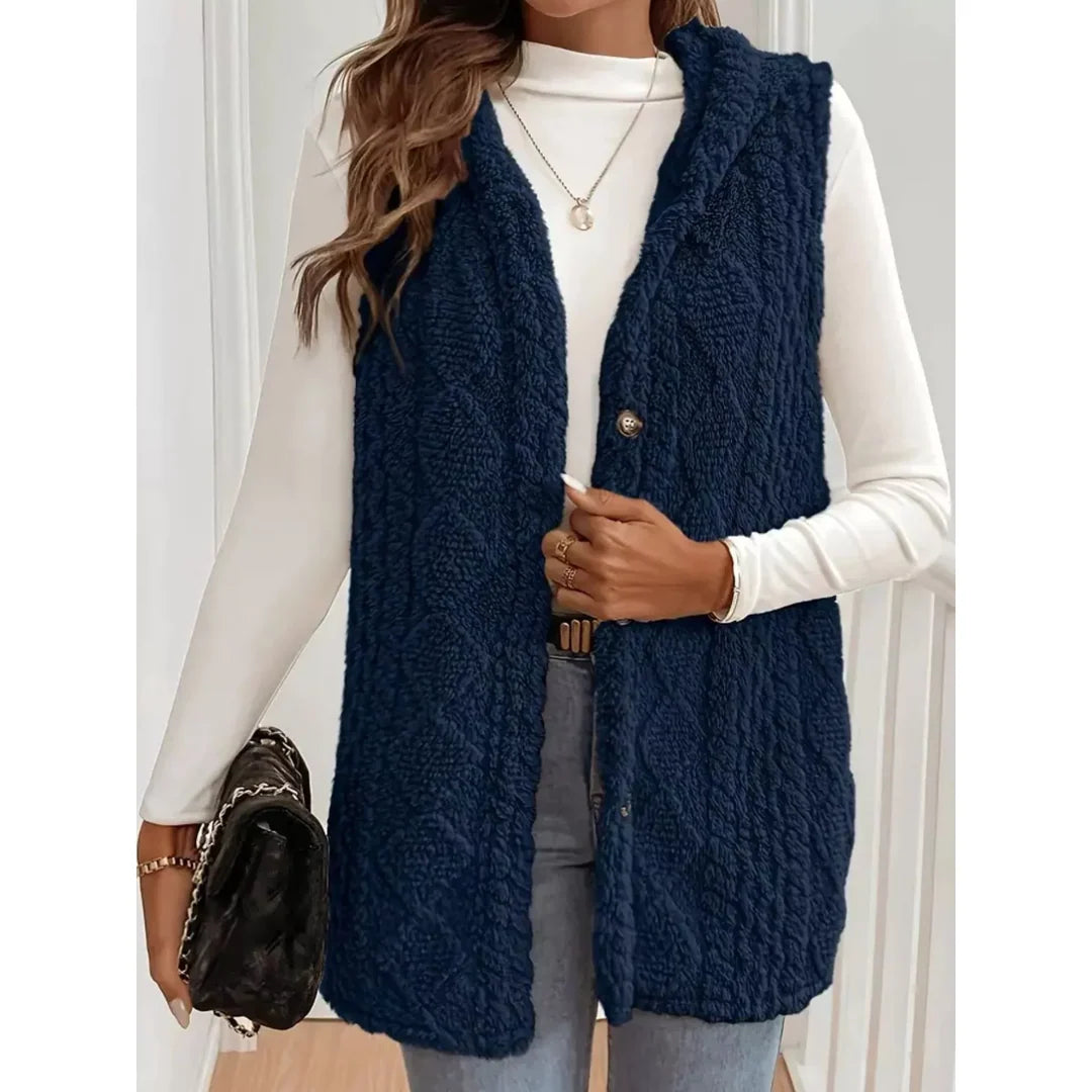 Women's hooded sherpa-look button-up gilet
