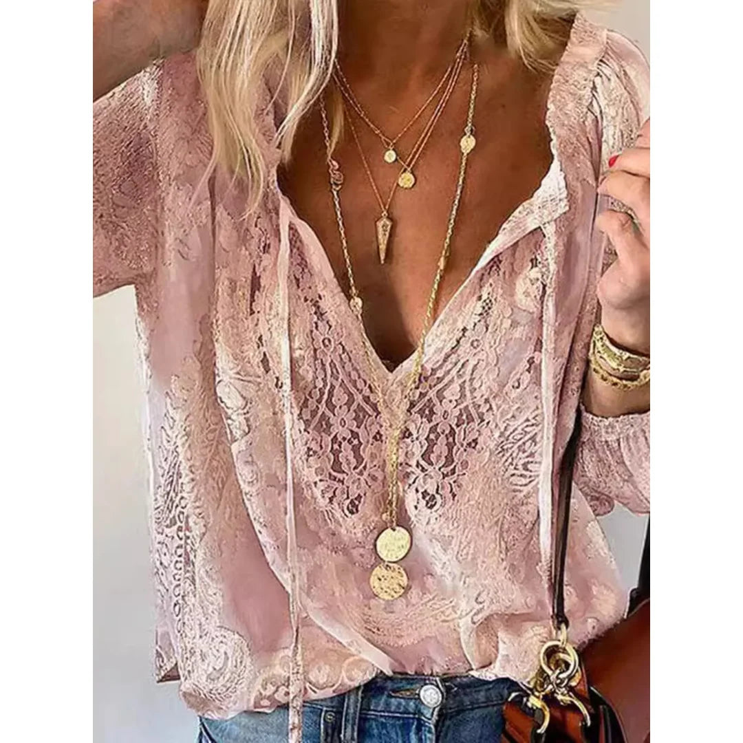 Women's lace tie neck blouse