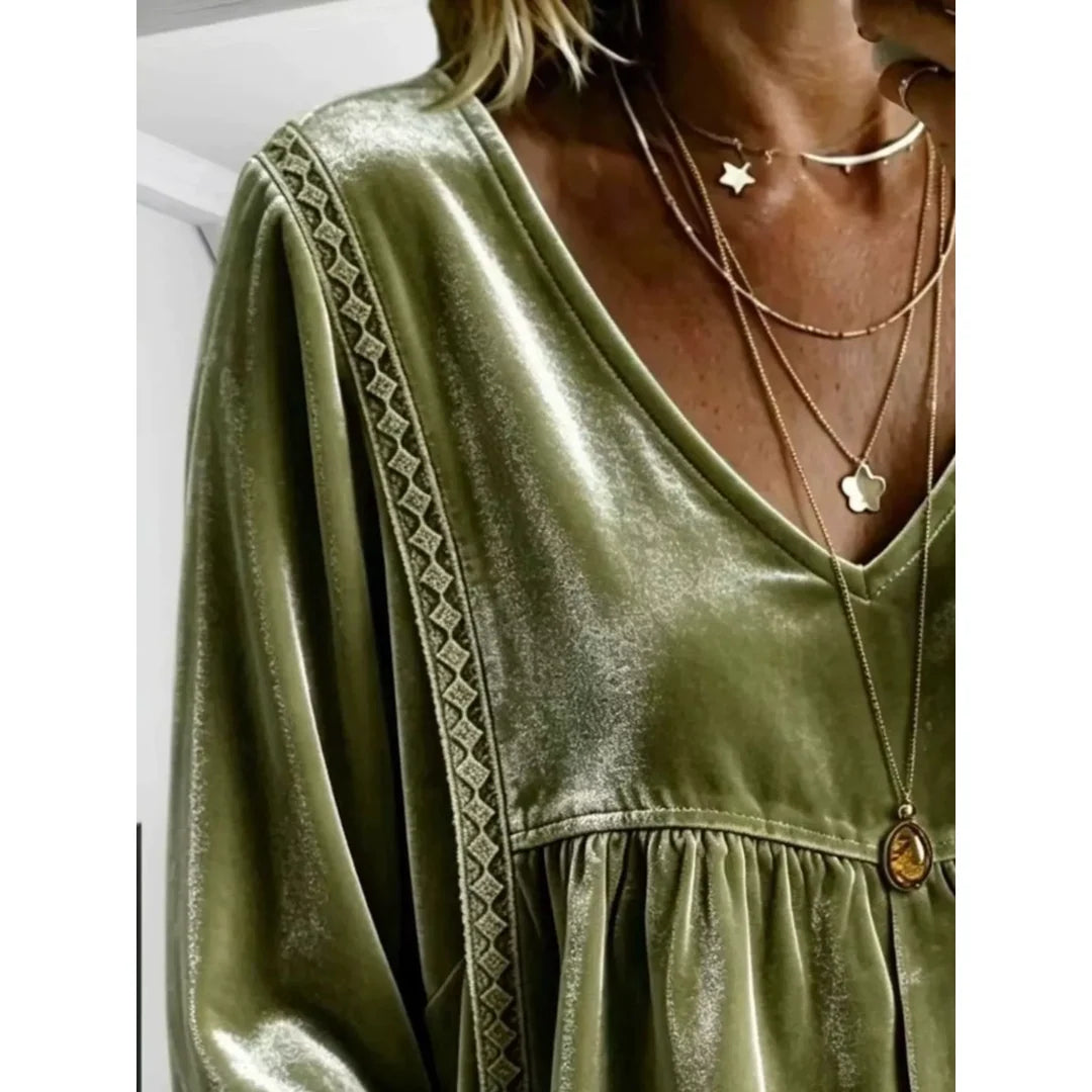 Women's velvet-touch lace detail V-neck blouse