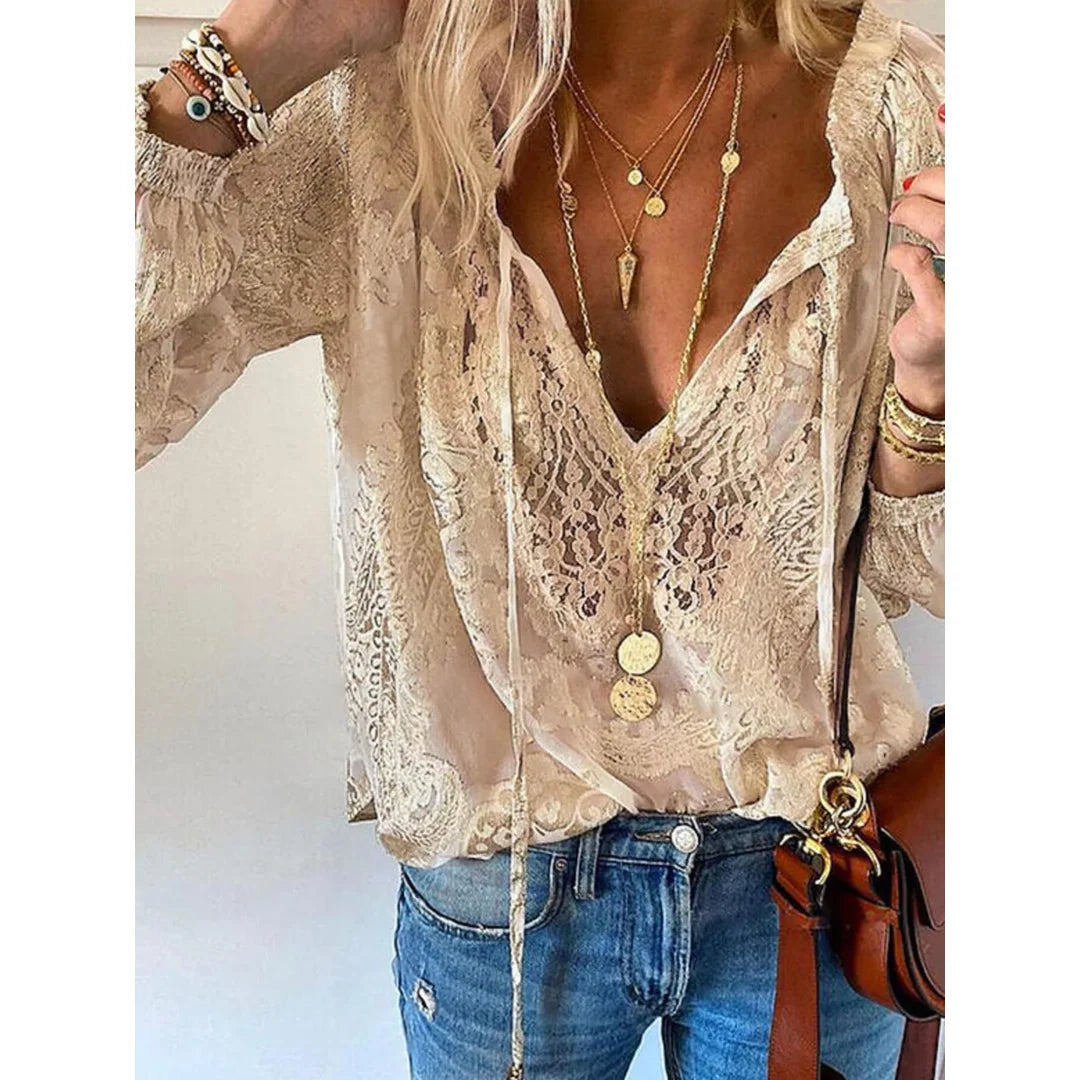 Women's lace tie neck blouse