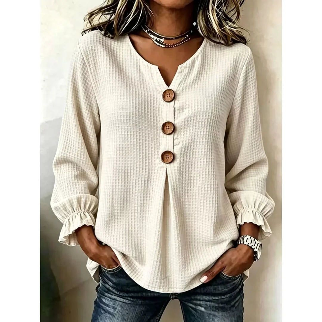 Women's waffle knit long sleeve top with ruffle detail in beige