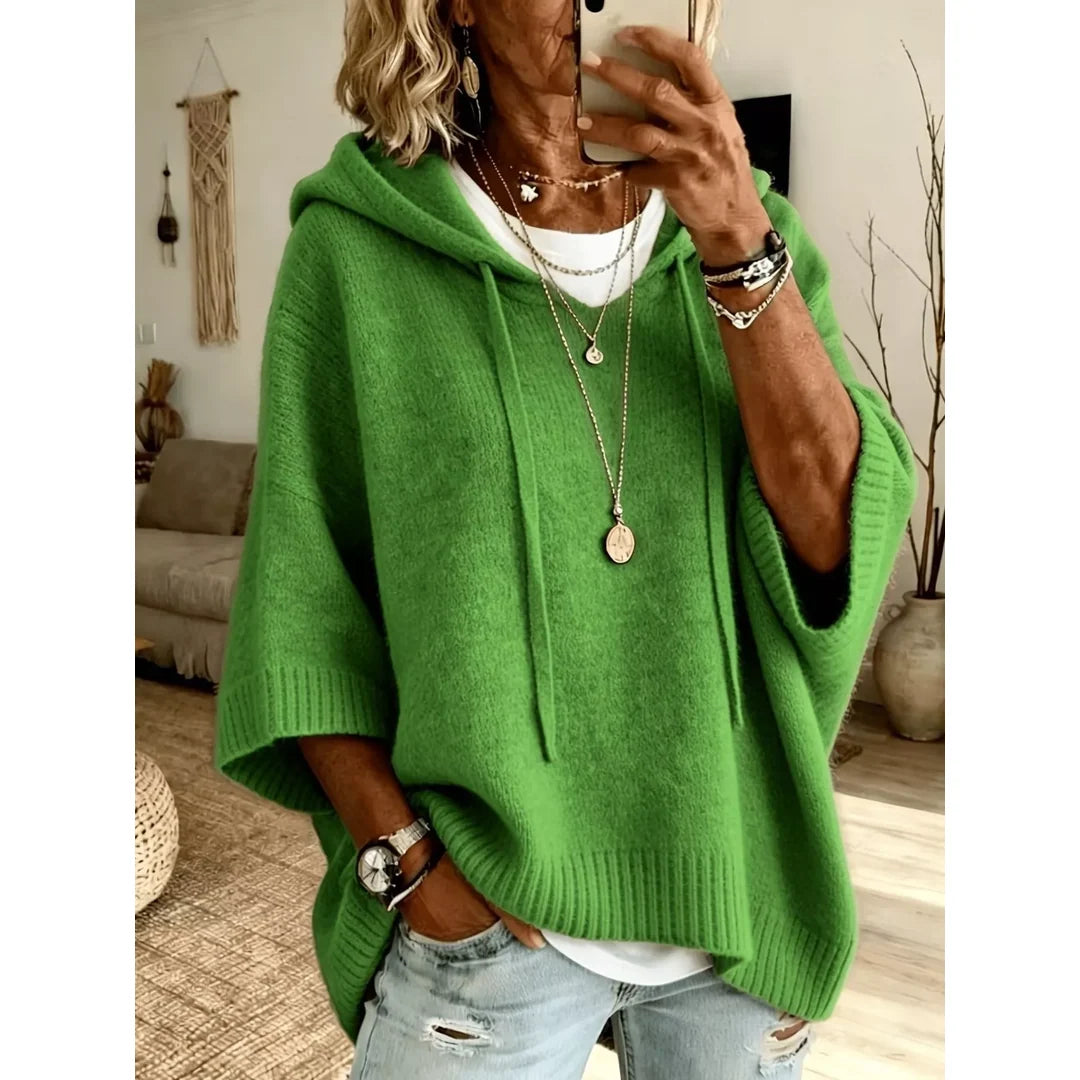 Women's hooded batwing sleeve knit jumper in green