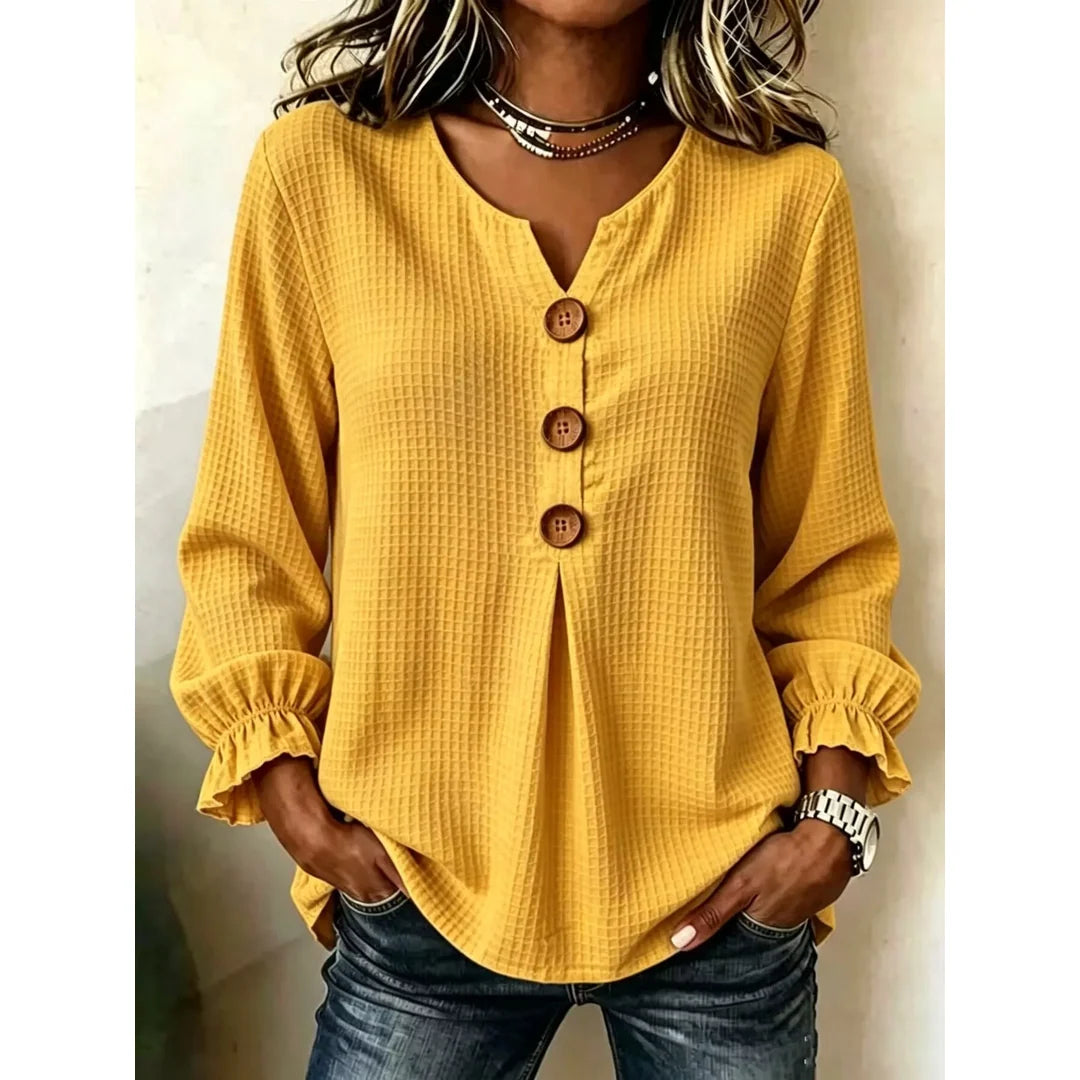 Women's waffle knit long sleeve top with ruffle detail
