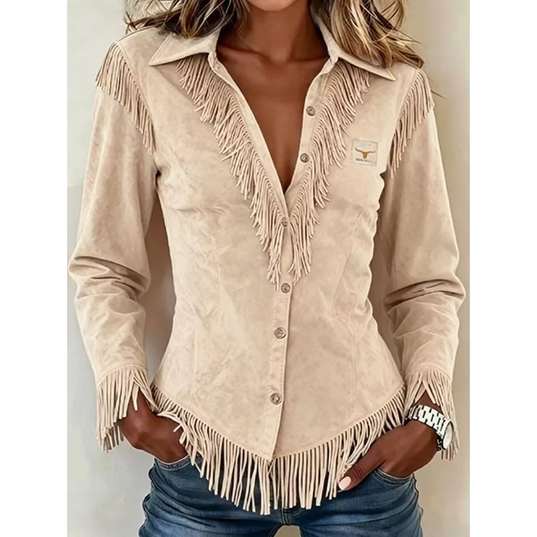 Women's fringe trim collared button-up shirt in apricot