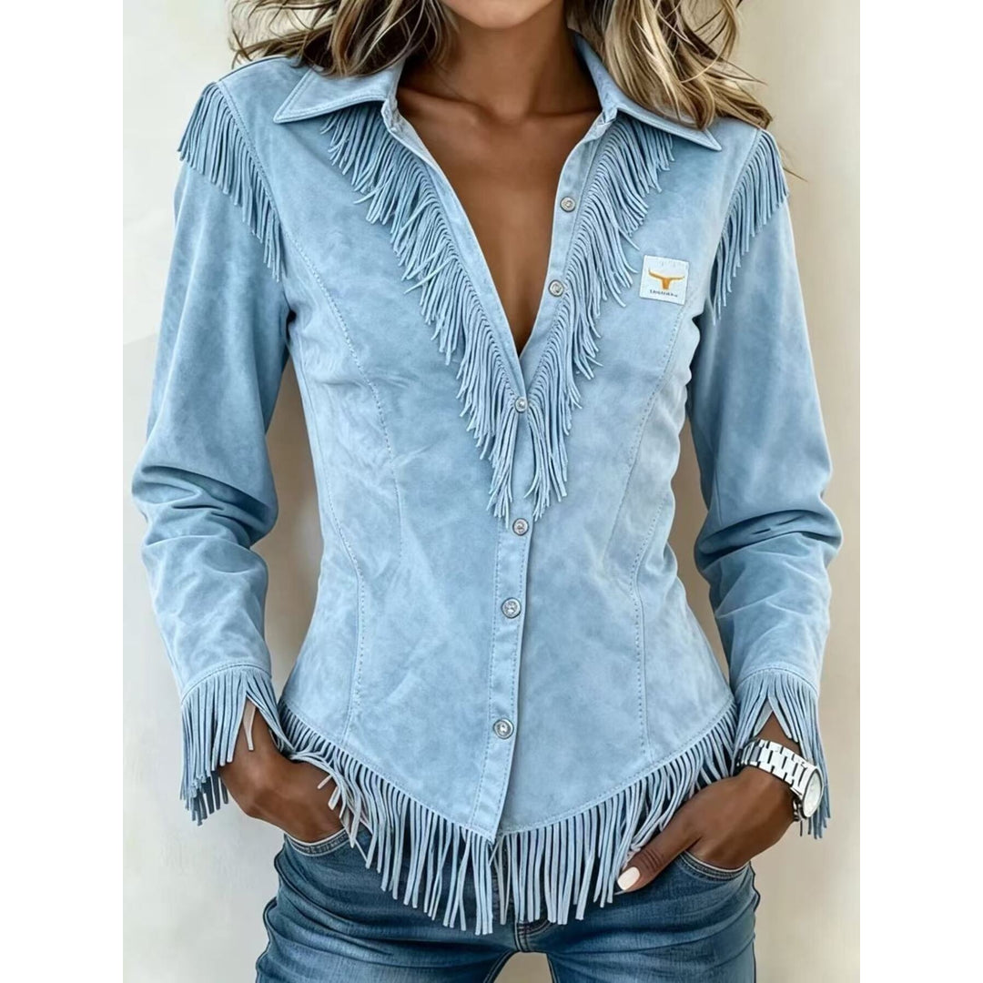 Women's fringe trim collared button-up shirt in light blue