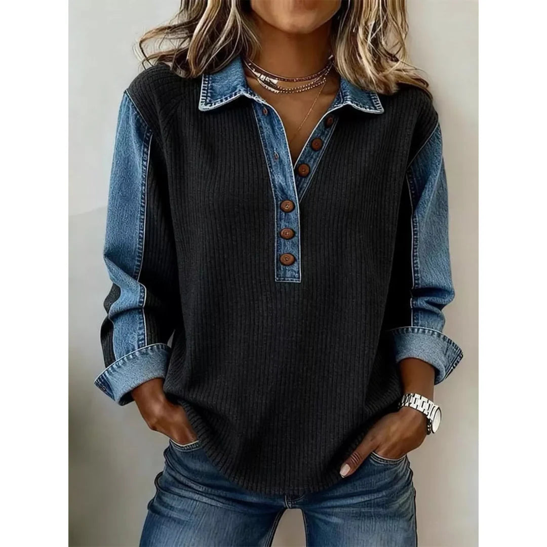 Women's button detail sweatshirt with denim-look trim in black