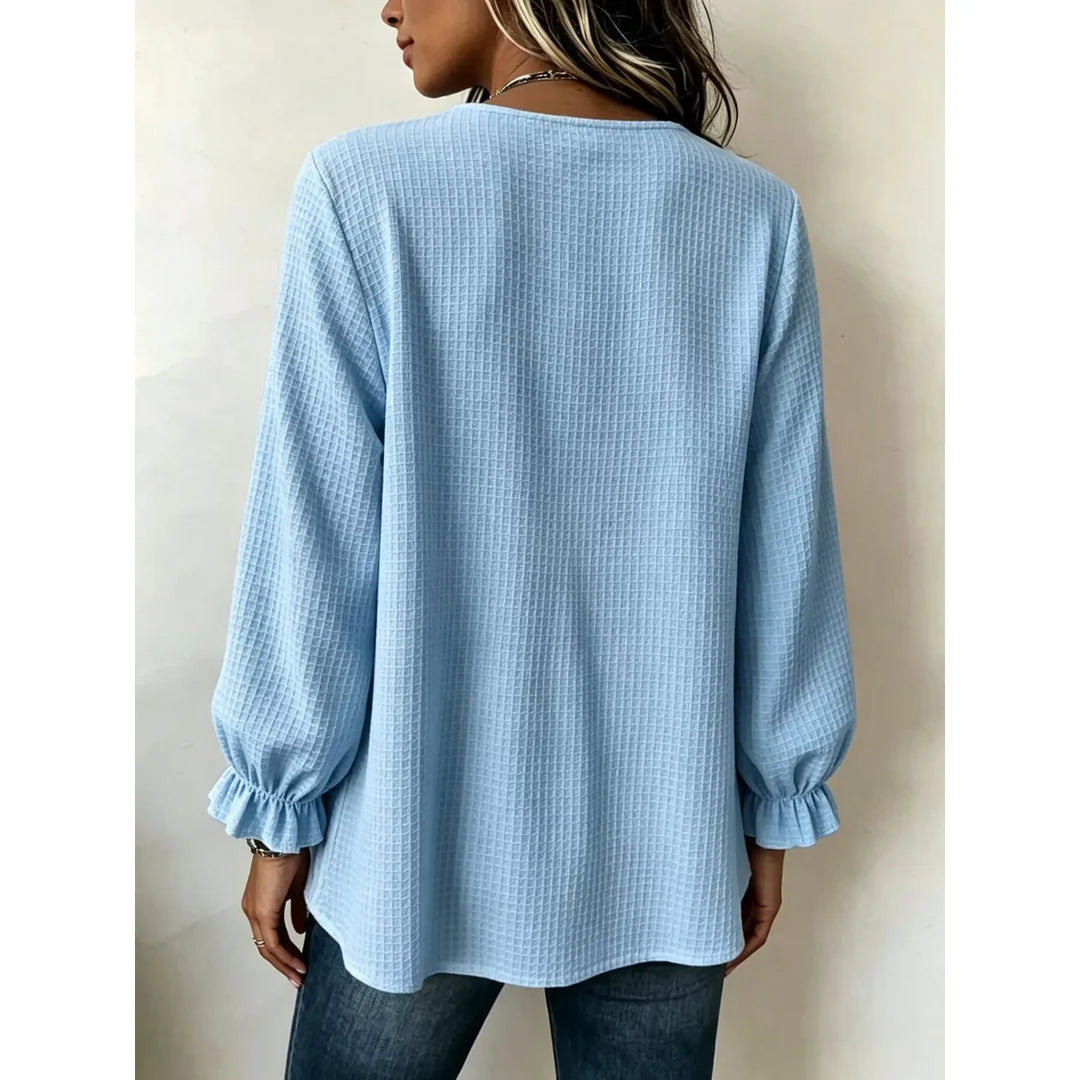 Women's waffle knit long sleeve top with ruffle detail