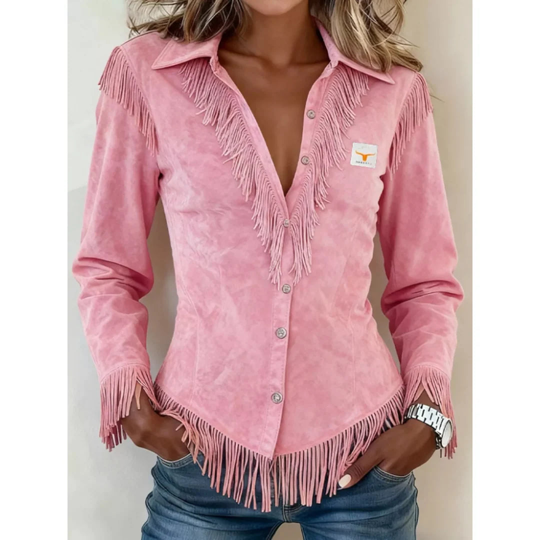 Women's fringe trim collared button-up shirt in pink