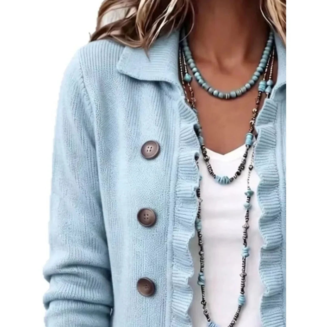 Women's ruffle trim ribbed knit button cardigan