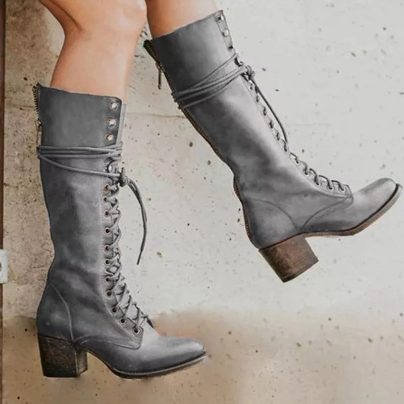 NOA | LACE-UP KNEE HIGH BLOCK HEEL BOOTS