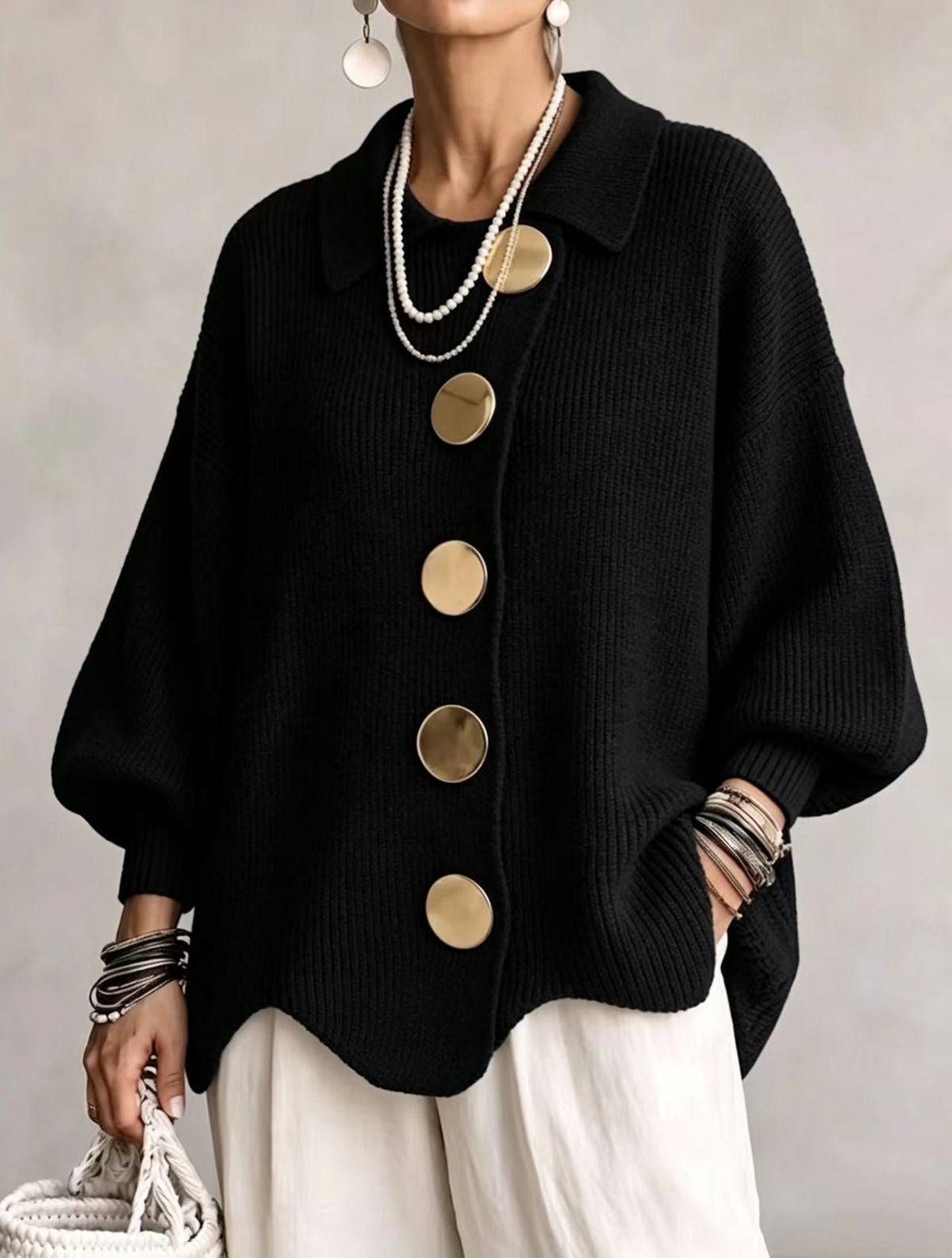 NOA | OVERSIZED CARDIGAN WITH LARGE GOLDEN BUTTONS