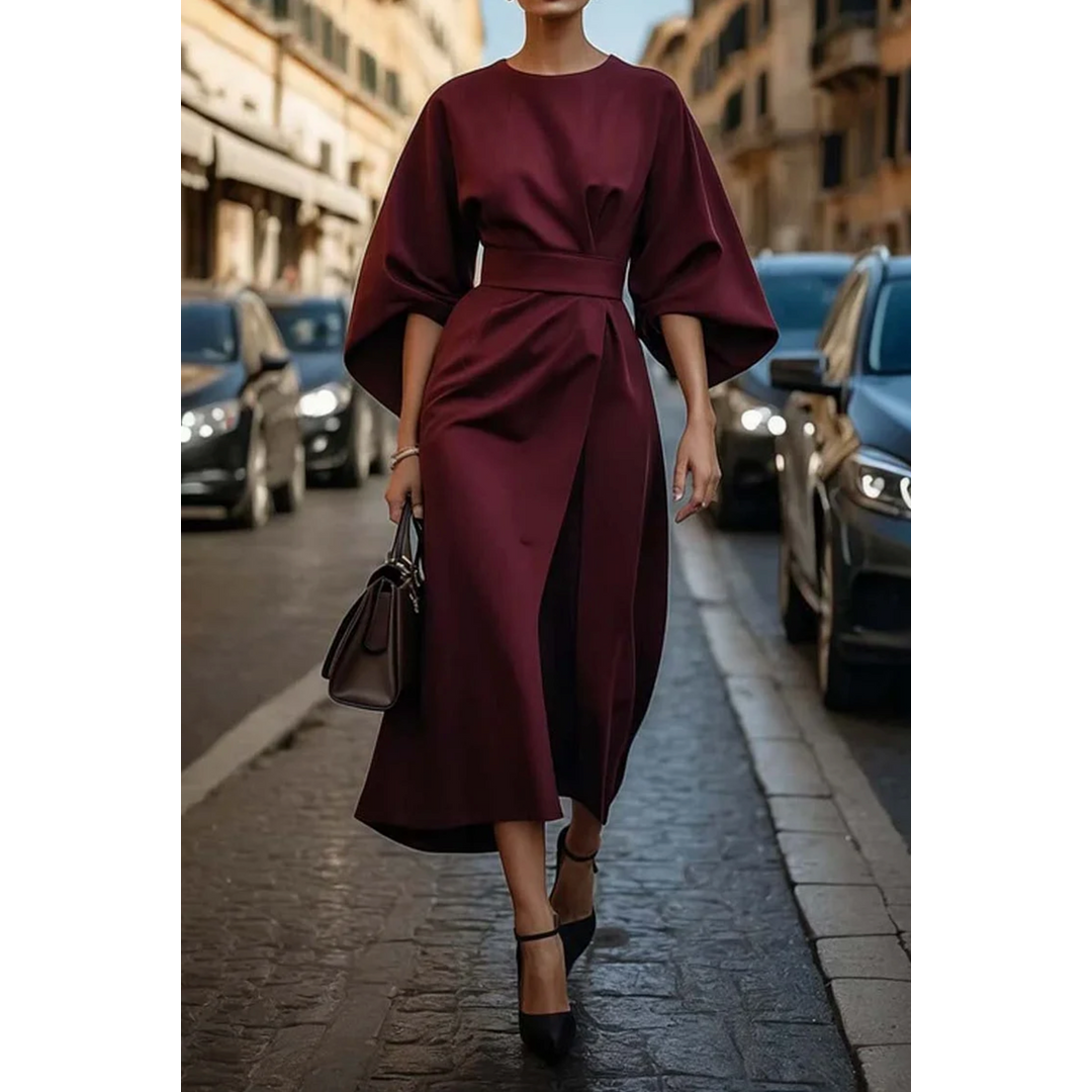 NOA | SELINA WOMEN'S LANTERN SLEEVE BELTED MIDI DRESS