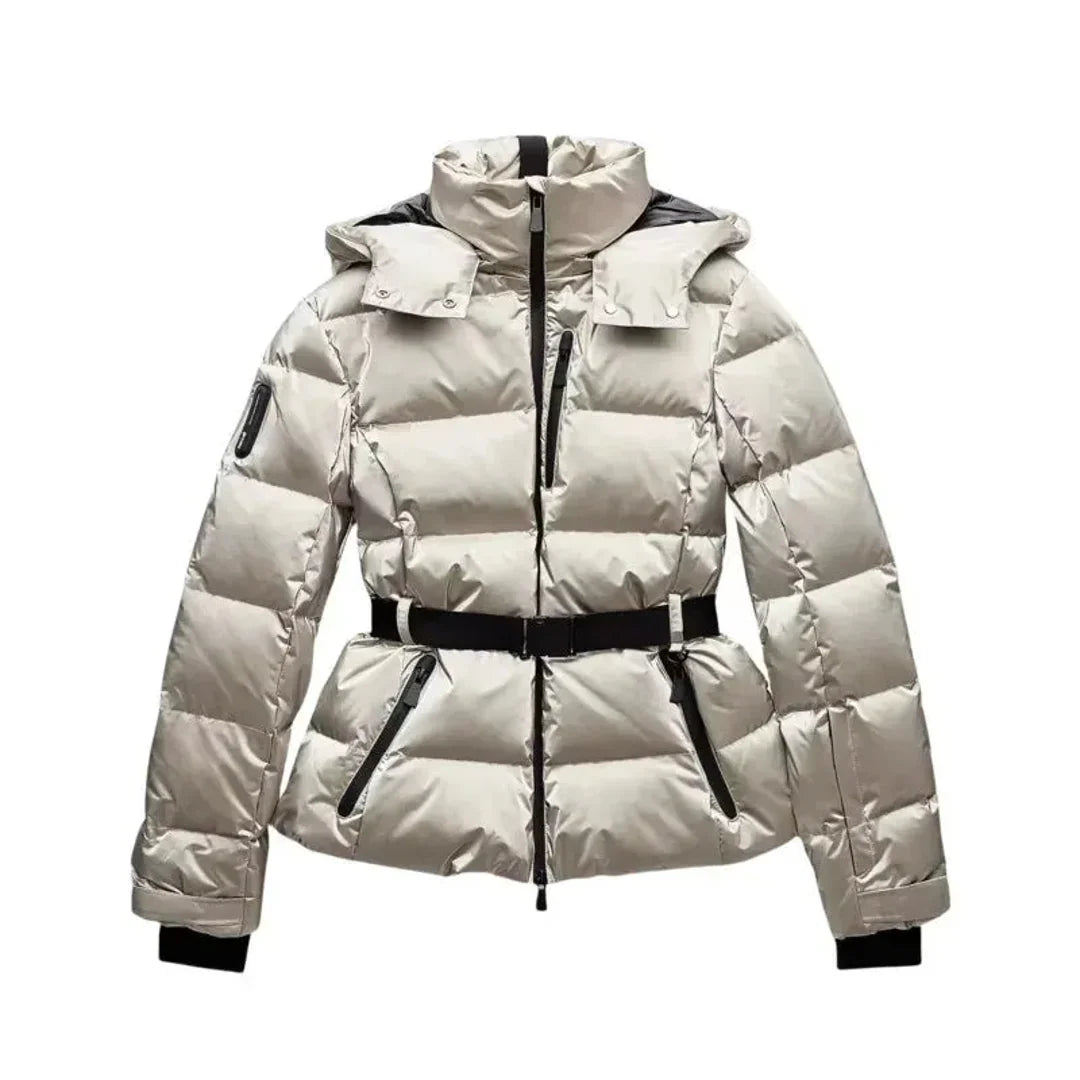 Women's belted puffer jacket with hood in silver