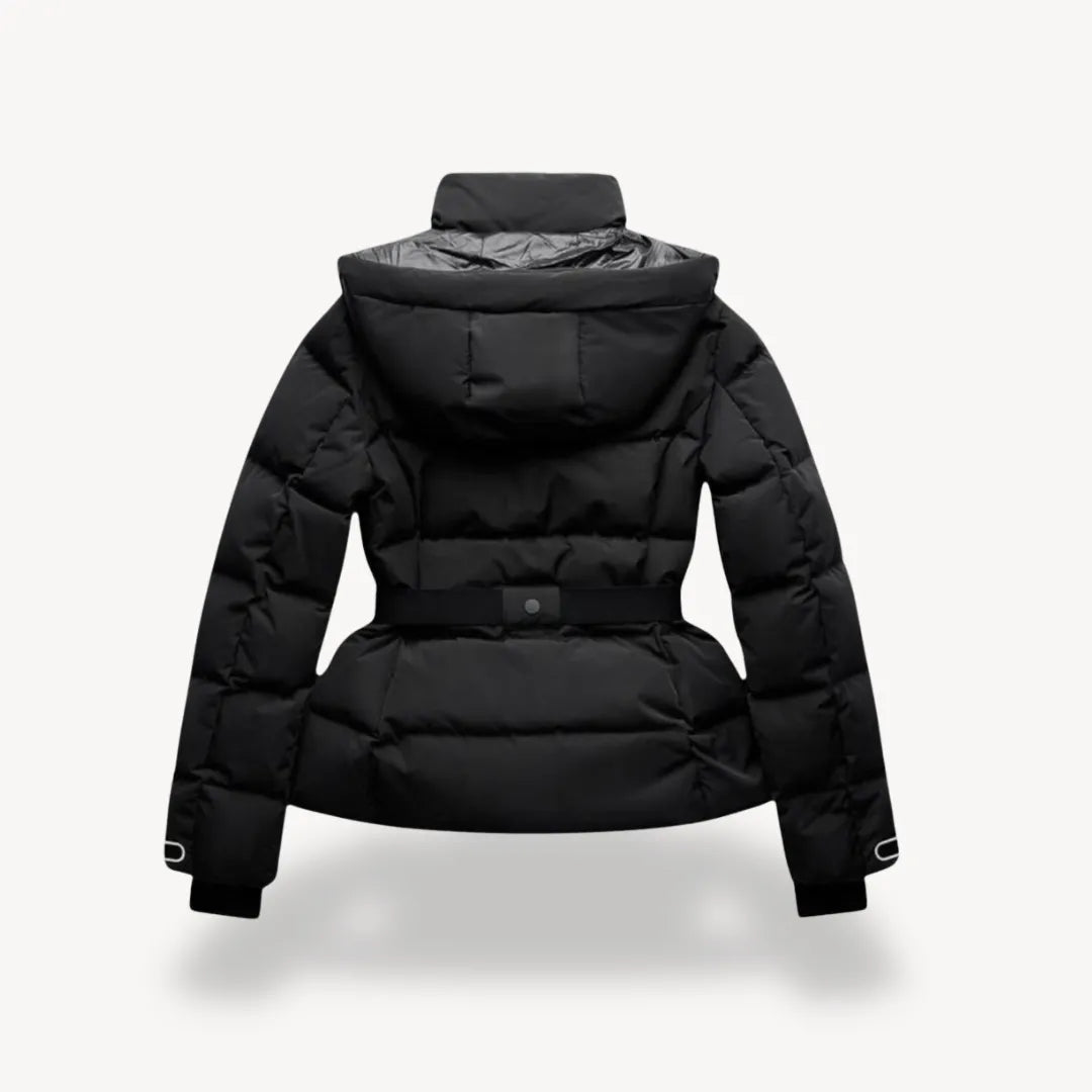 Women's belted puffer jacket with hood
