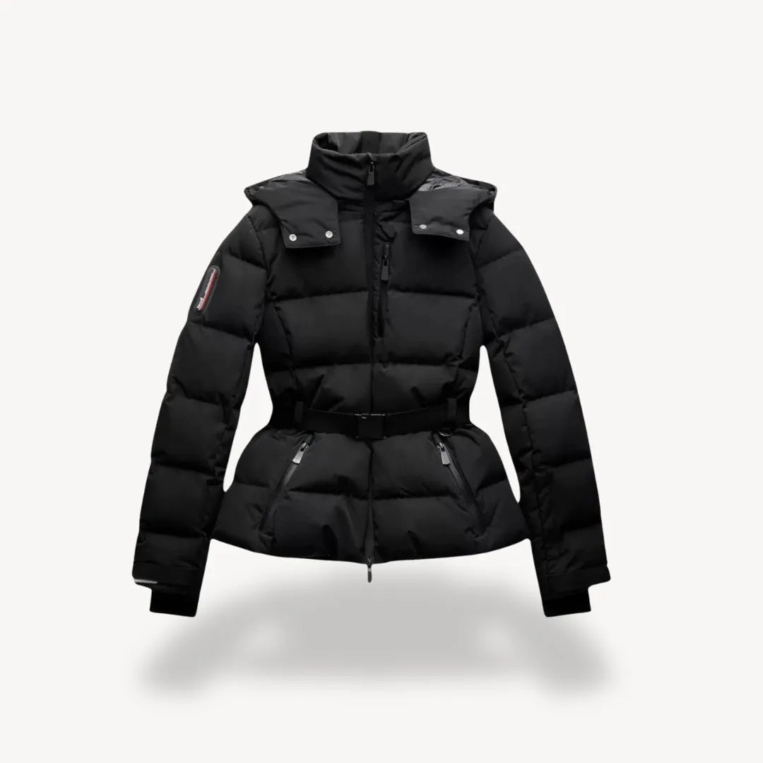Women's belted puffer jacket with hood in black
