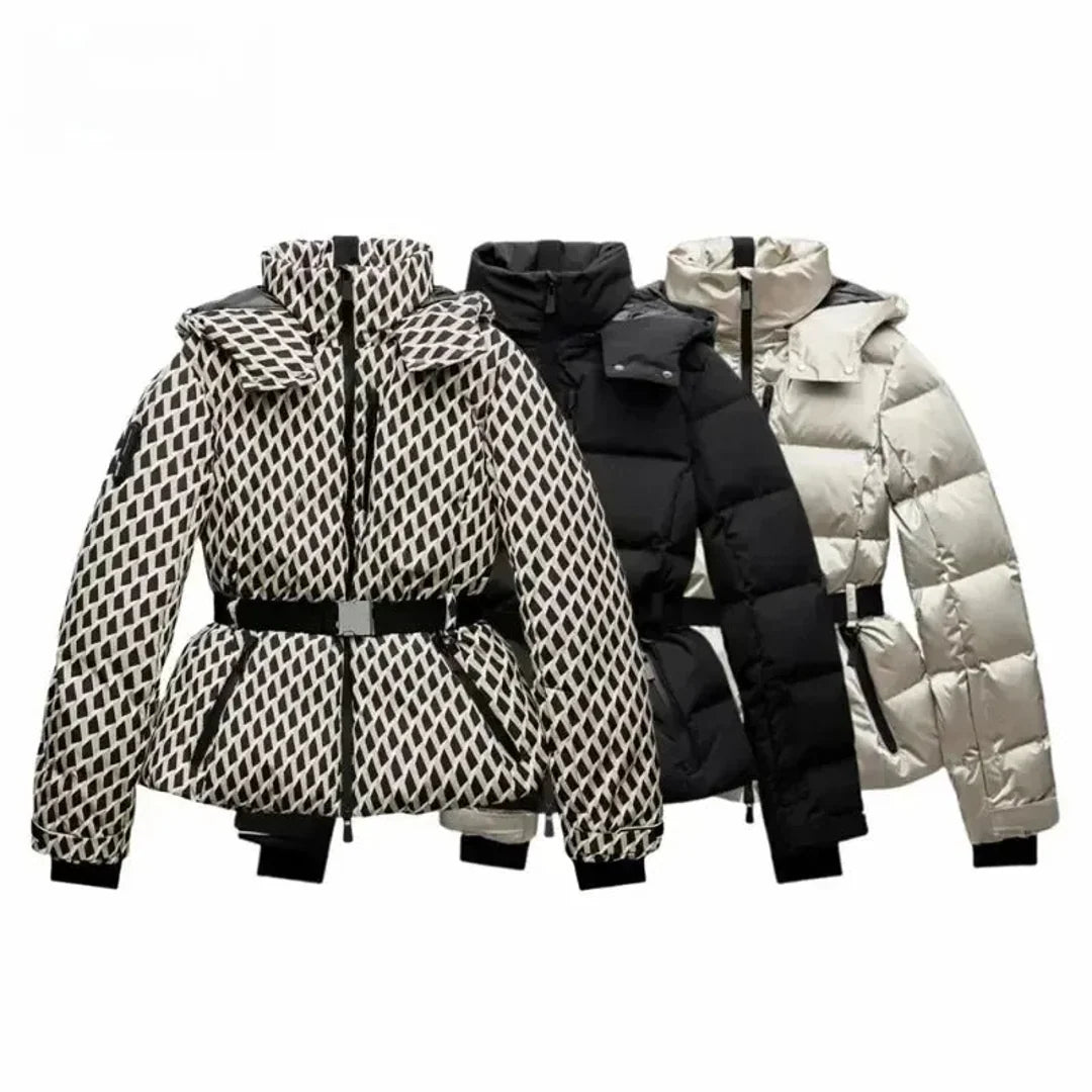 Women's belted puffer jacket with hood