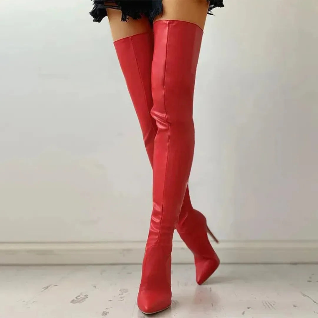 Women's heeled over-the-knee boots in red