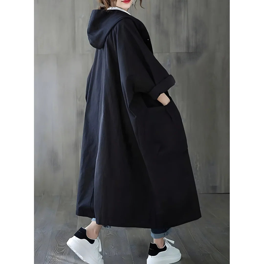 Women's long oversized hooded coat in black