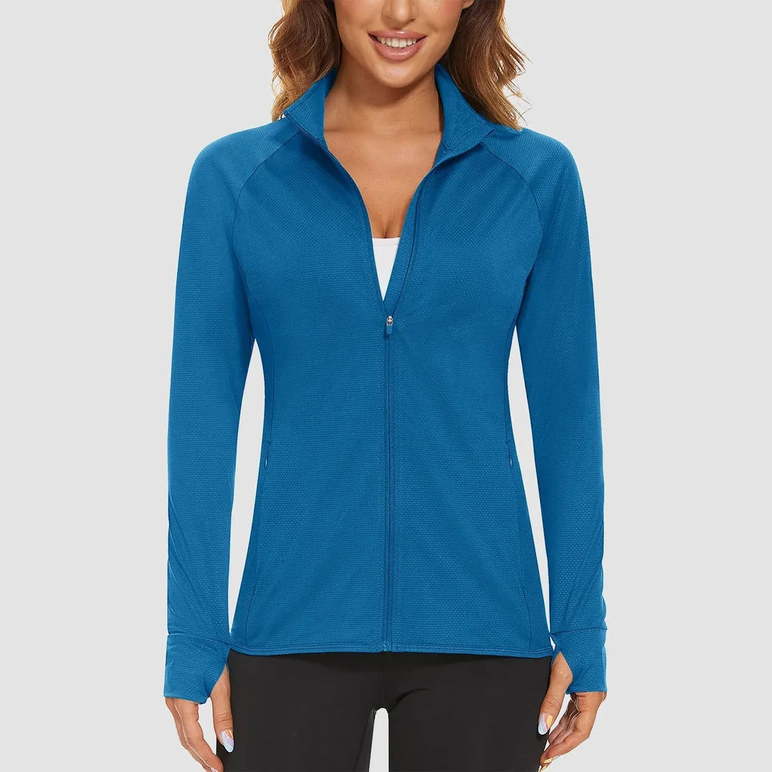 Women's lightweight zip-up running jacket in blue green