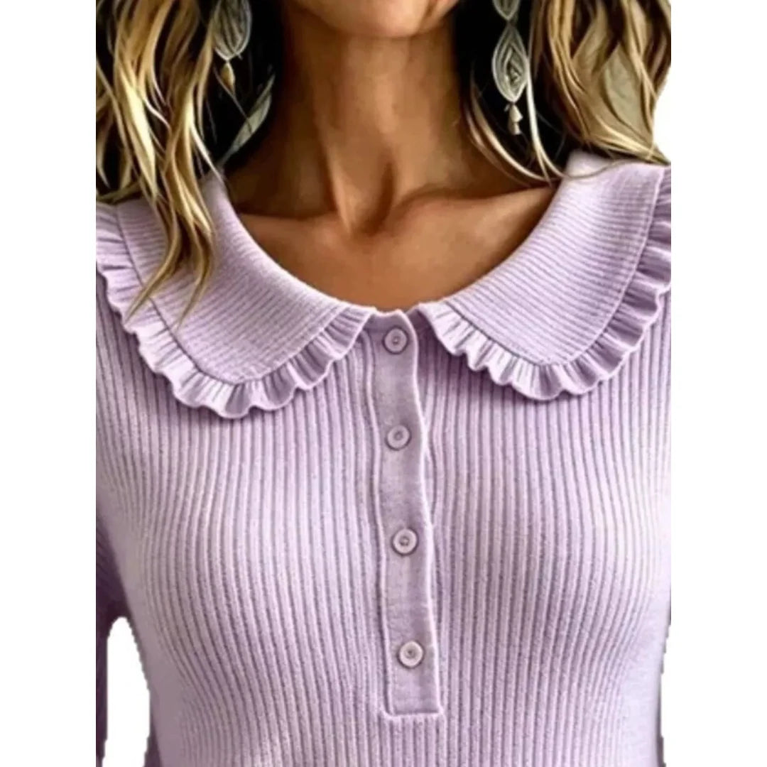 Women's ruffle collar ribbed knit jumper with button detail