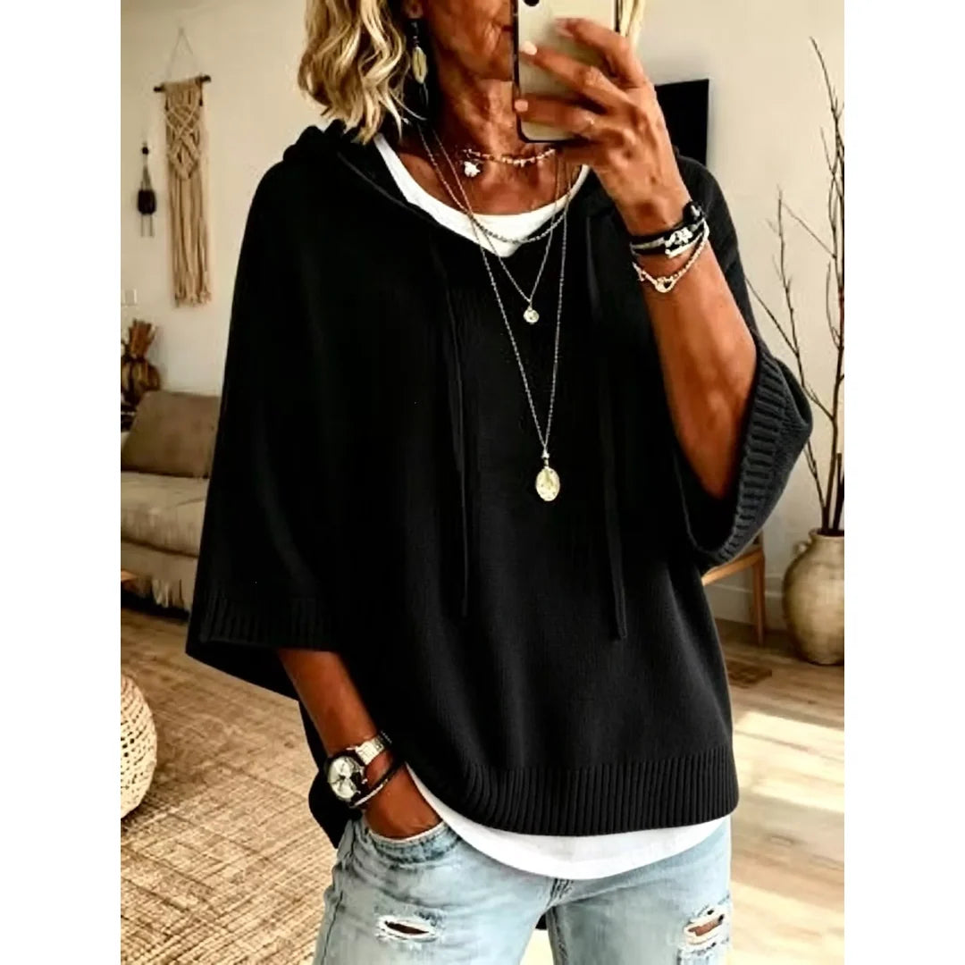 Women's hooded batwing sleeve knit jumper in black